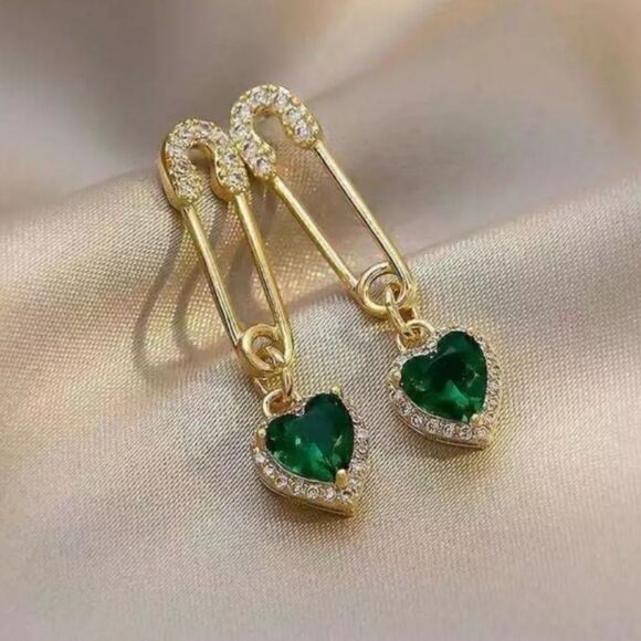 Gold Plated Safety Pin Dangle Earrings with Green Stone - Picture 1 of 2